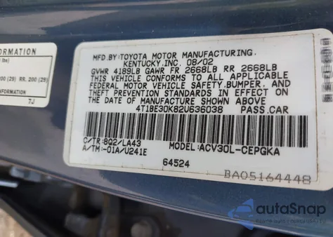 2002 Toyota Camry Xle from USA, damaged, VIN 4T1BE30K82U636038